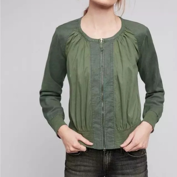 Anthropologie Hei Hei Hilltop Ruched Olive Green Linen Blend Zip Bomber Jacket L - Picture 1 of 12